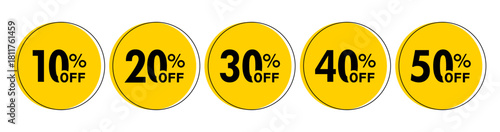 Yellow Round Discount Stickers Set — 10% 20% 30% 40% 50% Off Vector