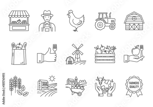 Charming hand drawn farm icons set agricultural elements rural life and harvest graphics