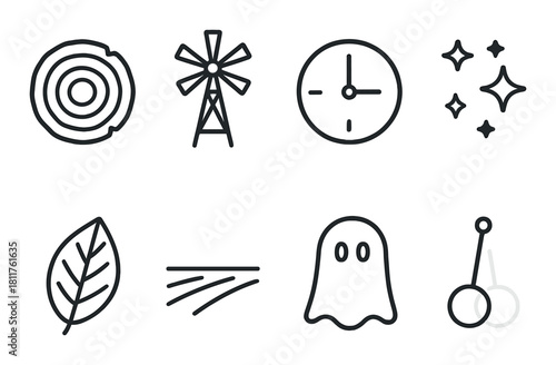 Dark themed icons: tree rings, windmill, clock, stars, leaf, path, ghost, pendulum