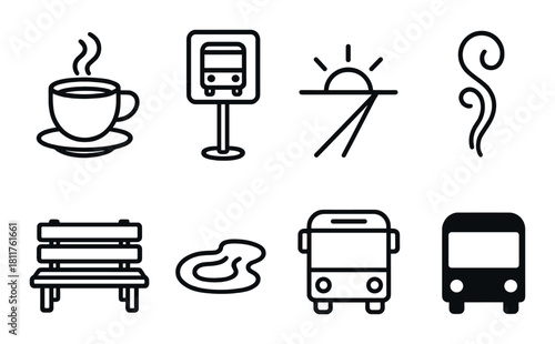 Simple icons: coffee, bus stop, sunrise, steam, bench, puddle, buses