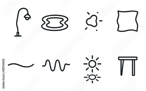 Minimalist icon set featuring lamp, pool, cloud, pillow, wave, sound, sun, and stool