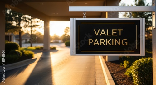 Valet Parking Sign With a Sunset Backdrop, Offering Elegant Services and Convenience