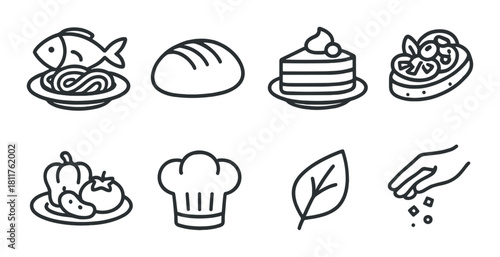 Culinary icons collection featuring food and cooking symbols on dark background