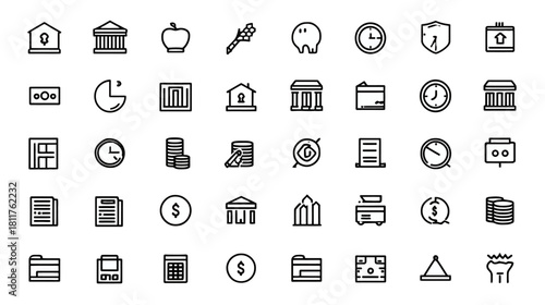 Modern Outline Icons for Business, Finance, Education, Law, Time, Property, and Administration Vector Set