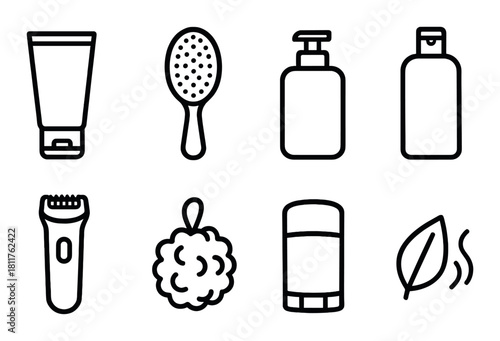 Minimalist personal care icons including shampoo and deodorant