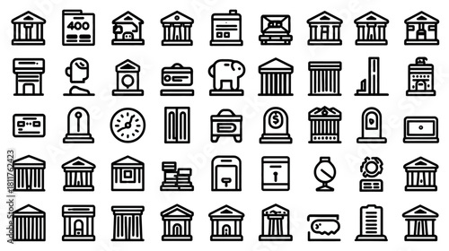 Banking and Finance Outline Icons Collection. Vector Set of Financial Services, Money, Investment, and Institutional Building Symbols.