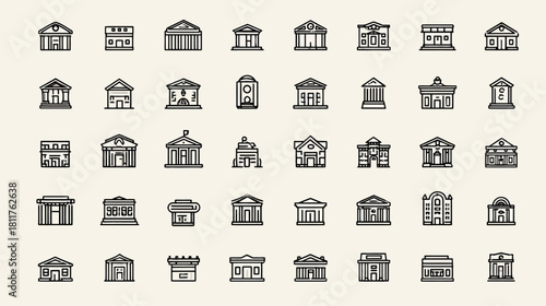 Architectural Building Icons Set. Outline Vector Collection of Various Government, Commercial, and Residential Structures. Flat Design.