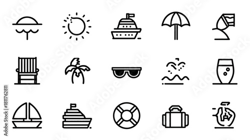 Summer Holiday Travel Icons Set - Line Art Vacation, Beach, Cruise, and Tropical Essentials Collection