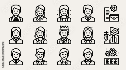 Professional User Avatar and Business Outline Icons Set. Diverse People, Team, and Corporate Management Concepts in Line Art.