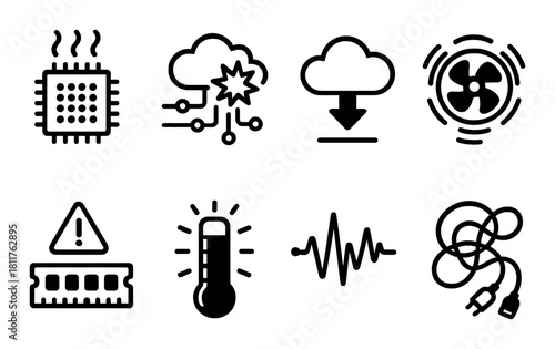 Black digital icons: chip, cloud, fan, symbols on gradient background