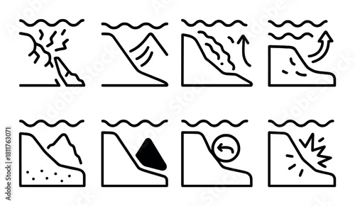 Landslide warning icons: erosion, debris flow, rockfall, avalanche, and collapse symbols