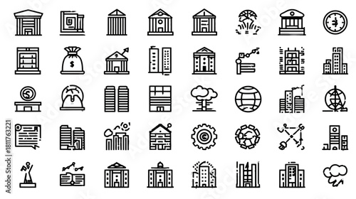 Modern line art vector icons for business, finance, banking, real estate, and urban development concepts
