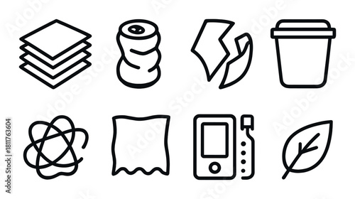 Set of recycling icons: paper, metal can, glass, plastic, compost, fabric, electronics, organic