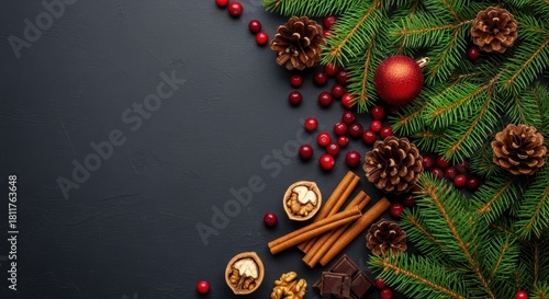 Festive Christmas arrangement with pine branches, cranberries, and spices on dark background
