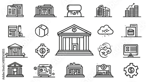 Financial, Banking & Business Line Icons Set. Modern Money, Investment, Technology & Digital Economy Outline Symbols Collection