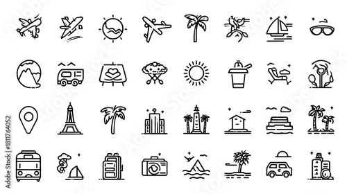 Travel and Vacation Line Icons Set. Outline Symbols for Holiday Trips, Tourism, Journey, and Adventure. Minimal Vector Graphics.