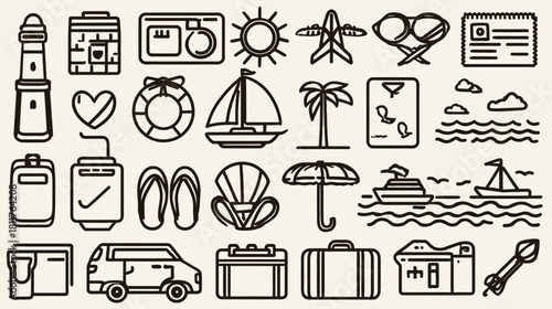 Summer travel vacation line art icon set. Minimalist holiday trip essentials collection of beach, sea, and adventure symbols.