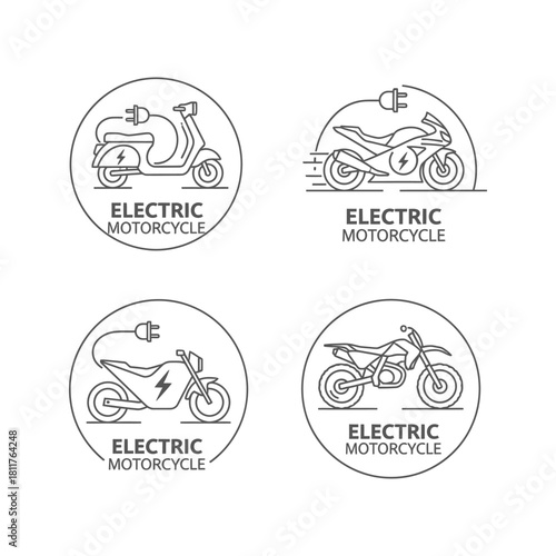Set of four hand drawn electric motorcycle and scooter logos circular design elements