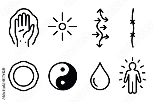 Set of eight black energy symbols on dark background