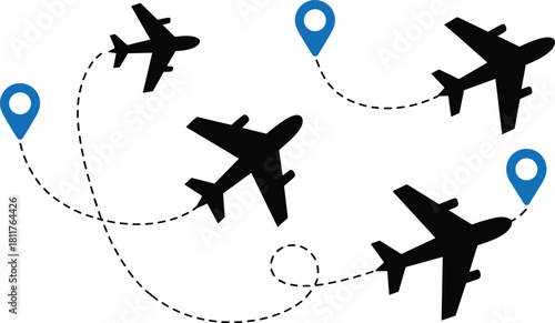 Silhouette of airplanes, flight paths, location pins, air travel concept, aviation logistics, black and white illustration, navigation routes, global transport, travel planning