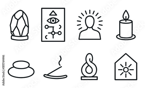 Mystical symbols on dark background featuring crystal, candle, incense, and enlightened figure