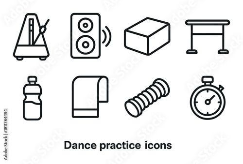 Dance practice icons set featuring metronome, speaker, and stopwatch