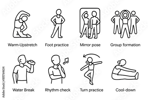 Exercise routine icons: stretching, group formation, hydration, rhythm and balance