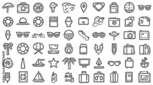 Travel and Summer Vacation Outline Icons Set. Holiday and Beach Trip Line Art Collection for Web Design, Apps, and UI.