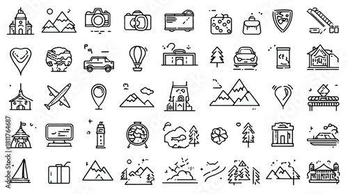 Collection of travel, adventure, and tourism line icons. Outline vector symbols for vacation, journey, transport, outdoor activities.