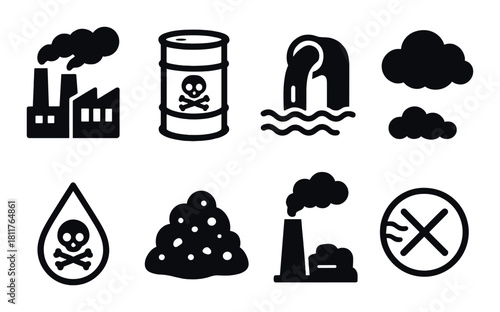 Black silhouette icons of pollution and environmental hazards on dark background
