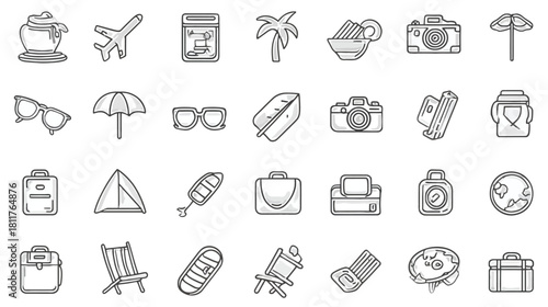 Vector outline icons set for travel, vacation, and summer holidays, featuring airplane, camera, suitcase, beach chair, and globe.