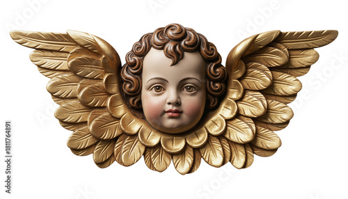 Photorealistic digital replica of a cherub inspired by the religious art of the Quito School. Features golden textures of polychrome wood and gold leaf typical of the colonial style.