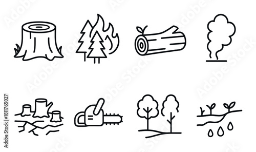 Minimalist icons: deforestation, logging, and environmental impact