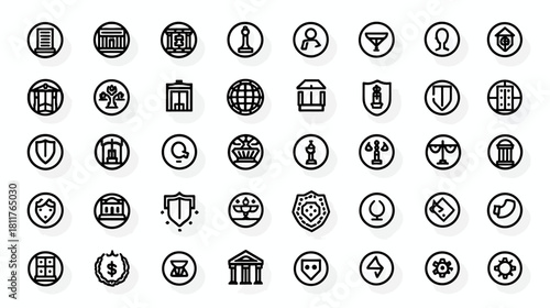 Collection of Outline Vector Icons for Law, Justice, Government, Education, and Formal Institutions – Legal System Symbols