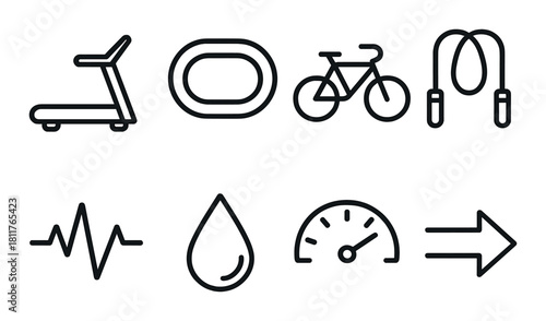 Fitness icons on dark background: treadmill, track, bicycle, jump rope, heartbeat, water drop, speedometer, arrow