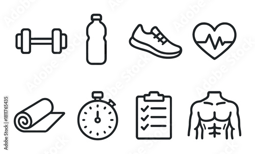 Fitness icon set: dumbbell, water bottle, shoe, heartbeat, yoga mat, stopwatch, checklist, muscular torso