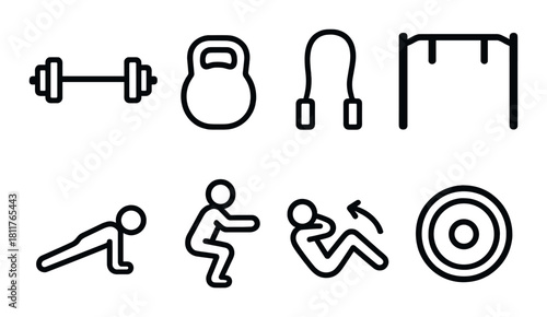 Silhouettes of gym equipment and exercise icons on dark background
