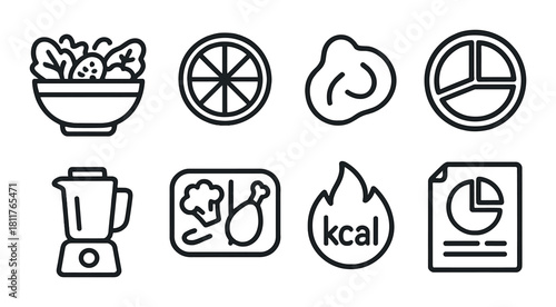 Black and grey healthy food and nutrition icons set on dark background