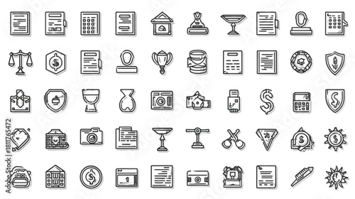 Business, Finance, and Legal Vector Line Icons Collection: Documents, Justice, Money, and Office Administration Symbols Set