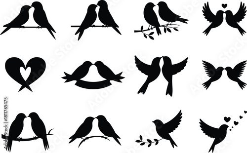 Love Birds Silhouette Set – Romantic Birds on Branch, Heart Wings, Kissing and Flying Symbols