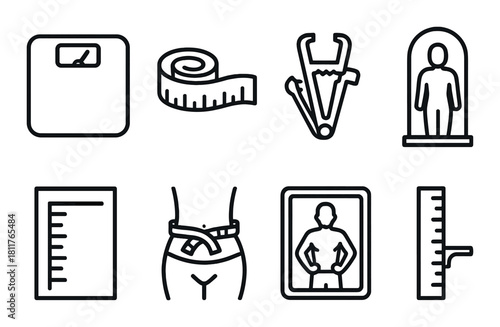 Body measurement icons featuring scale, tape, caliper, mirror, ruler, waist, height, silhouette