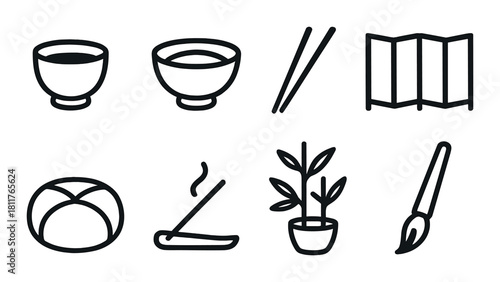 Minimalistic icons of japanese culture: tea, bowls, chopsticks, screen, bread, incense, plant, brush