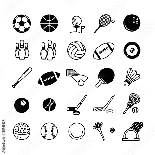 Collection of hand drawn sports equipment icons for active lifestyle and games
