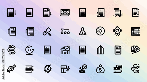 Business and Finance Line Icons Set. Collection of Vector Document, Office, Money, and Data Related Symbols for Web & UI Design.