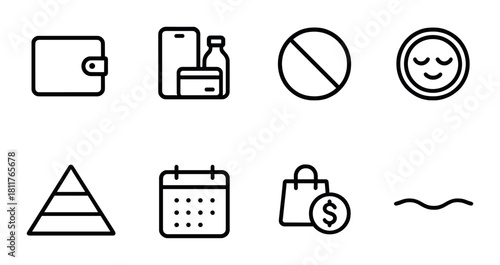 Minimalist icon set featuring wallet, mobile, bottle, no symbol, smile, pyramid, calendar, shopping bag