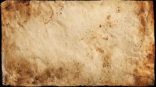 An aged piece of parchment displaying visible signs of wear and mold growth, showcasing a vintage and weathered texture.