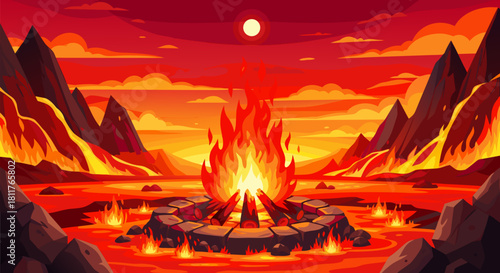 Fiery Ritual Bonfire in a Volcanic Landscape Illustration