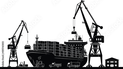 Silhouette of cargo ship, container cranes, busy port operations, maritime logistics, dockside trucks, shipping containers, global trade, freight transport, industrial harbor, export infrastructure