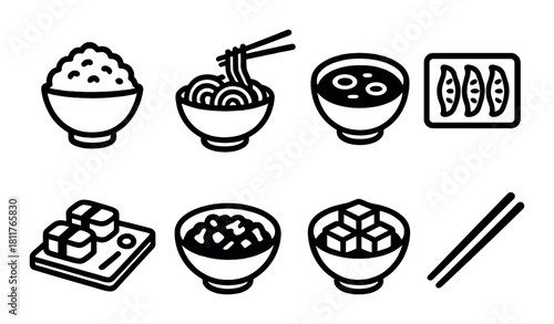 Outline icons of asian cuisine: rice, noodles, soup, dumplings, tofu, and chopsticks