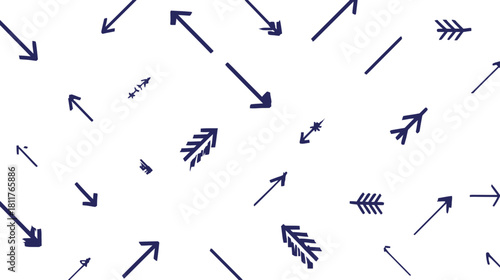 Abstract seamless pattern with diverse dark blue arrows pointing in multiple directions on a clean white background, digital graphic design.